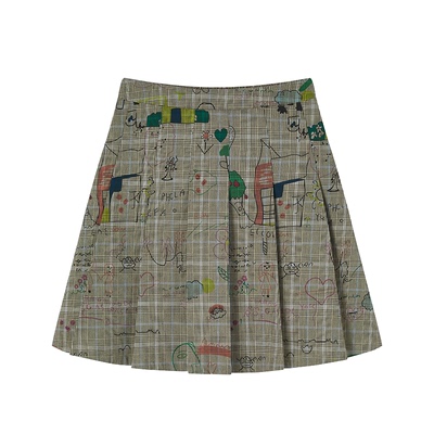 原创设计童趣涂鸦格纹半身裙
