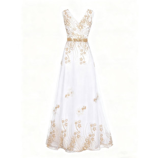 广场舞长裙晚礼服舞蹈服镂空金丝纹饰贵妇女性演出服雪纺高贵典雅