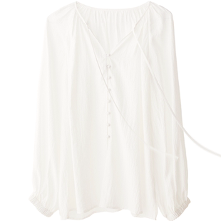 CR上衣白色慵懒风松弛风v领开衩复古女装洋气衬衫好搭配宽松系带