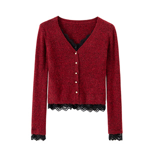 BANANA CICI2026年春季新款天丝绵羊毛混纺假两件蕾丝针织开衫