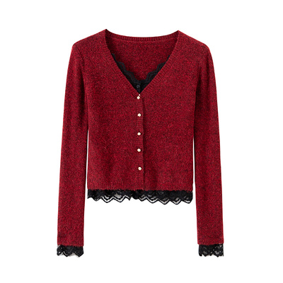 BANANACICI假两件蕾丝针织开衫