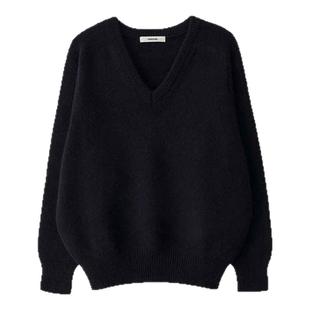 LINHOUSE复古黑色V领宽松毛衣秋冬慵懒通勤简约百搭软糯针织上衣