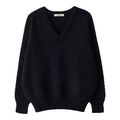LINHOUSE复古黑色V领宽松毛衣