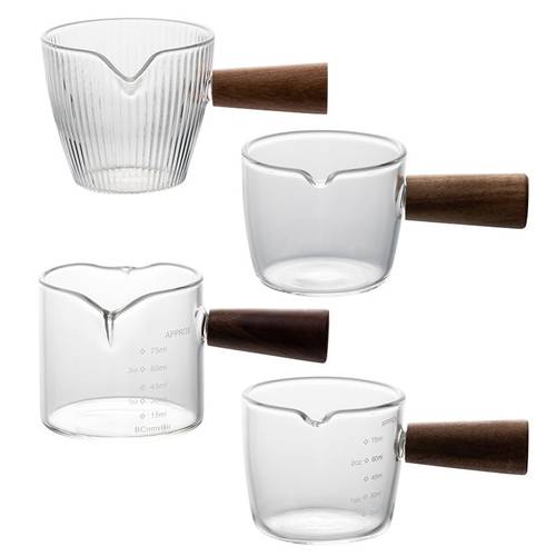 onlycook 木柄玻璃小奶盅咖啡萃取杯盎司杯 奶罐浓缩液带刻度量杯