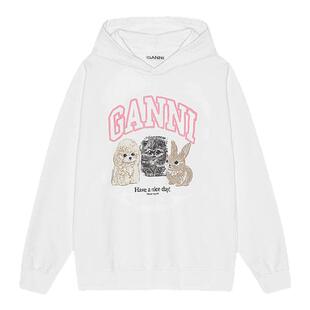 【惊喜首降】GANNI女装 白色小动物印花宽松圆领连帽卫衣T4377151