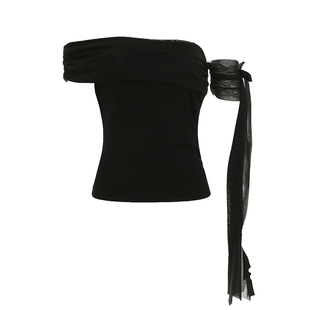 FUNOFF 美式简约黑色网纱斜肩飘带T恤设计感白色一字肩针织上衣夏