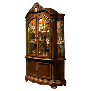 美式实木酒柜欧式双门玻璃展示柜客厅储物柜餐边柜复古雕花装饰柜