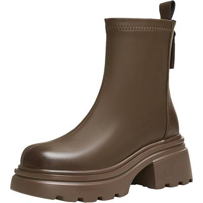 天美意粗跟厚底弹力时装靴短靴女鞋瘦瘦靴皮靴冬新款BJ881DZ4