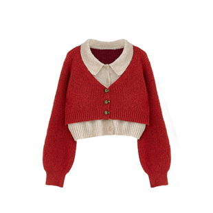 跨年穿搭红色两件套装女秋冬装穿搭一整套针织开衫格纹半身长裙子