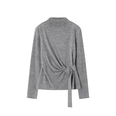 XWI欣未灰色小蛮腰收腰设计T恤女2025秋冬修身显瘦内搭打底衫上衣
