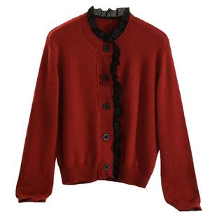 奥莱专柜品牌撤柜正品 HZ冬装新款 拼接木耳边复古羊毛开衫毛衣女