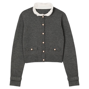 SANDRO2025秋冬新款女装迪木尔风甜美法式灰色镂空花边领针织开衫