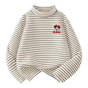 迪士尼童装儿童长袖t恤秋季新品女孩半高领保暖打底衫条纹百搭衣