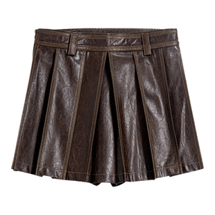 CALLED BACK2025秋季新款美拉德皮短裙女复古棕色百褶裙半身裙