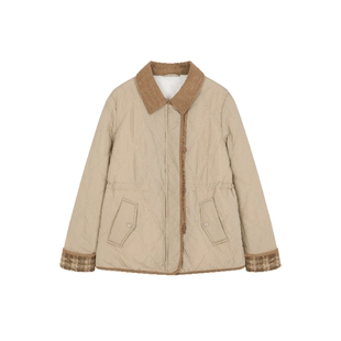 XWI欣未仿兔绒毛格纹撞色夹棉棉服外套女秋冬季抽绳计感棉袄上衣