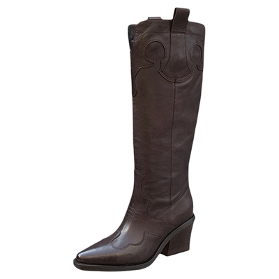 复古长靴女水洗马皮高跟尖头V口西部牛仔长筒不过膝骑士靴