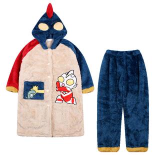 儿童睡衣男童冬季法兰绒加厚款秋冬长袍珊瑚绒男孩家居服睡袍套装