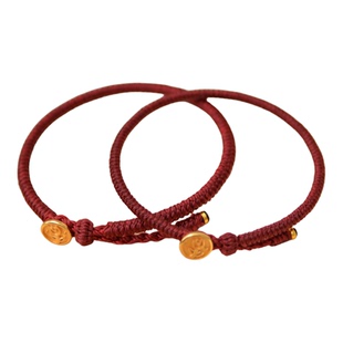 红绳本命年手工编圆蜡线金刚结郁金香手链纯银扣可抽拉酒红色手绳