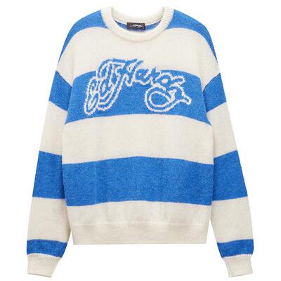 Ed Hardy埃德哈迪春季流行新款提花圆领落肩宽条纹毛衣女士针织衫