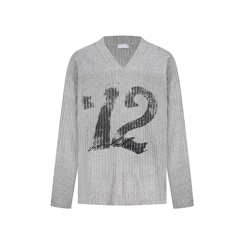 F383美式复古数字印花V领针织衫