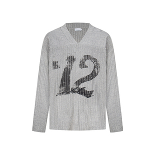 F383 美式复古数字印花V领针织衫男女秋季新款设计感宽松休闲毛衣