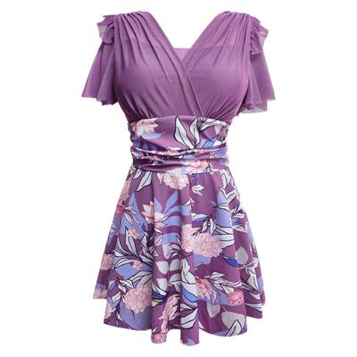 印花胖MM连体裙式显瘦遮肚游泳衣