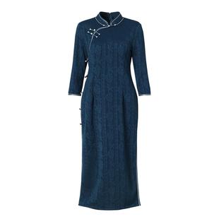 海青蓝 连衣裙秋女2025新款中长款时尚温柔女装盘口中式旗袍裙子