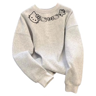 小众Kitty猫白灰色圆领卫衣女秋冬季2025新款宽松美式学生上衣服