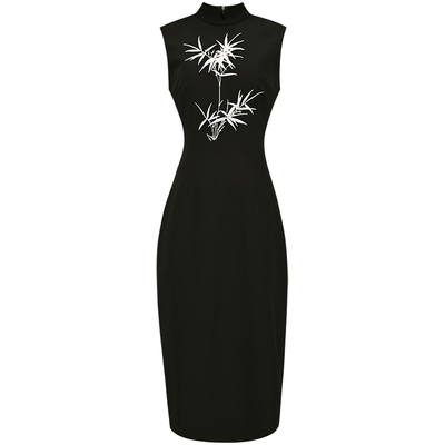 复古连衣裙小众刺绣黑色显瘦旗袍