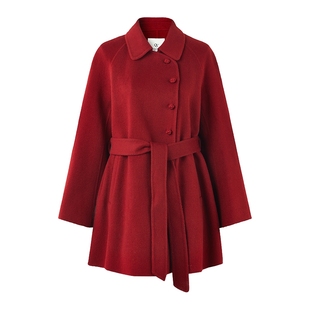 秋水伊人简约新中式红色全羊毛大衣2025冬新款女气质翻领毛呢外套