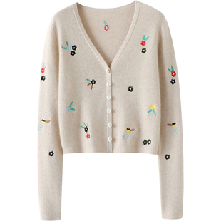 自带气质！重工刺绣V领羊绒开衫女短款纯羊绒毛衣针织开衫小外套