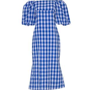 夏季女装2026新款气质蓝白格纹泡泡袖修身收腰显瘦连衣裙长裙