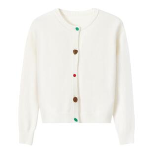 Basic House/百家好绵羊毛彩扣红色毛衣小个子冬季新款开衫外套女