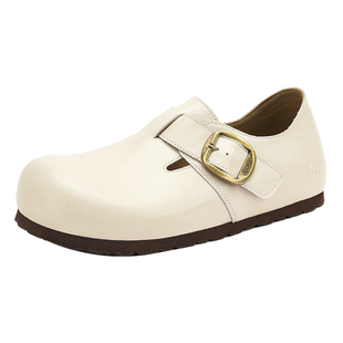 UBZ 宽版防水内增高皮面白色勃肯鞋女2026春季新款复古博肯鞋单鞋