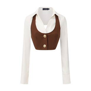 【尹势银同款】NanaJacqueline假两件撞色露背衬衫女复古金扣上衣