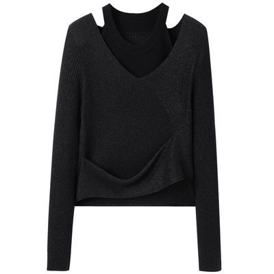 太平鸟女装羊毛混纺露肩精致时尚假两件套衫A1EEF1217