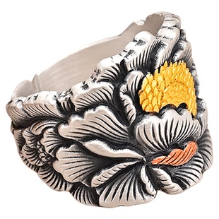 花韵复古手饰足银999手工精工牡丹镶金传承戒指开口女式指环錾刻