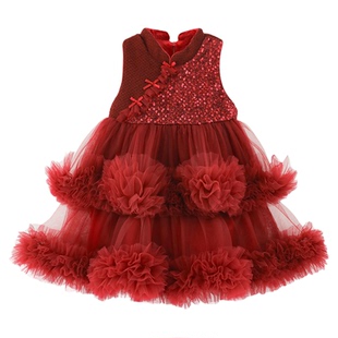 幼悠女童2025冬季新款亮片加绒保暖网纱裙可爱休闲公主背心裙年服