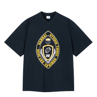 SANBAI 叁佰【黑曼巴】深灰V领短袖男士复古美式青春流行纯棉T恤