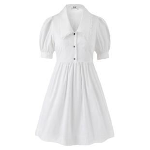 星山袋迷你小白裙!蕾丝花边泡泡袖短款抗皱匹马棉收腰显瘦连衣裙