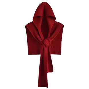 倪妮同款红色针织连帽披肩女秋冬季保暖围巾帽子一体外搭坎肩围脖