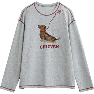 CV大码女装 秋季新款索罗娜趣味印花T恤撞色缝线腊肠狗上衣女胖mm