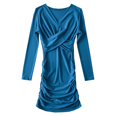 纯欲性感褶皱长袖连衣裙包臀短裙