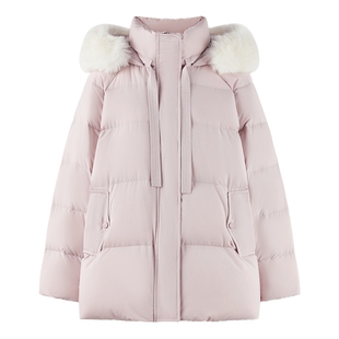秋水伊人袖口连手套粉色羽绒服女2025冬季新款时尚甜美风连帽外套