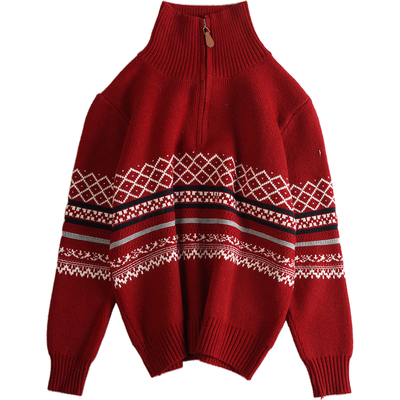 男童秋冬新款半拉链红色毛衣男孩