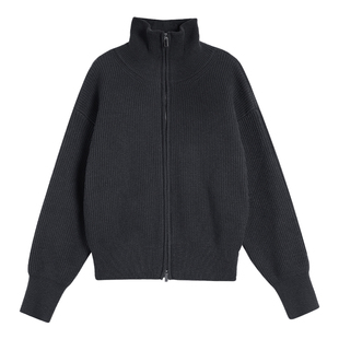 NEVA HU 黑色翻领拉链毛衣外套女冬季百搭高领慵懒宽松针织开衫