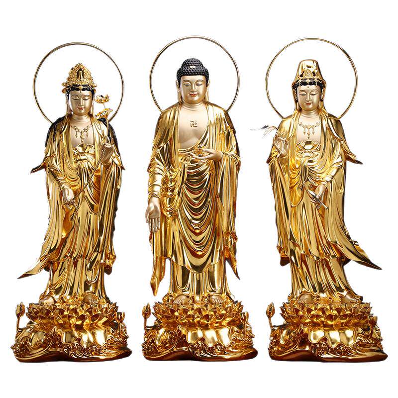 观音大势至菩萨铜贴金阿弥陀佛像