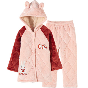 顶呱呱冬季儿童加厚睡衣法兰绒三层夹棉男女童中大童家居服珊瑚绒