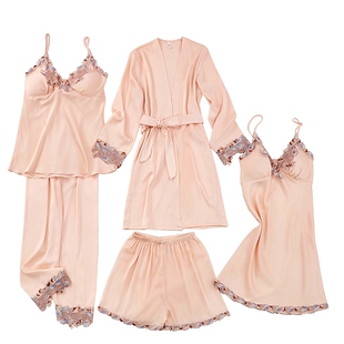 睡袍女2026五件套春夏薄款蕾丝吊带锦缎家居服套装高级感冰丝睡衣