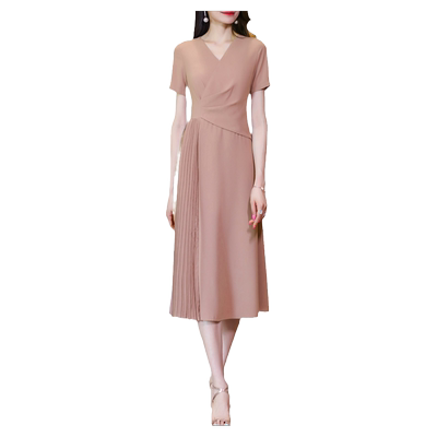 橘粉色褶皱连衣裙女夏季2026新款气质减龄高级感修身显瘦中长裙子